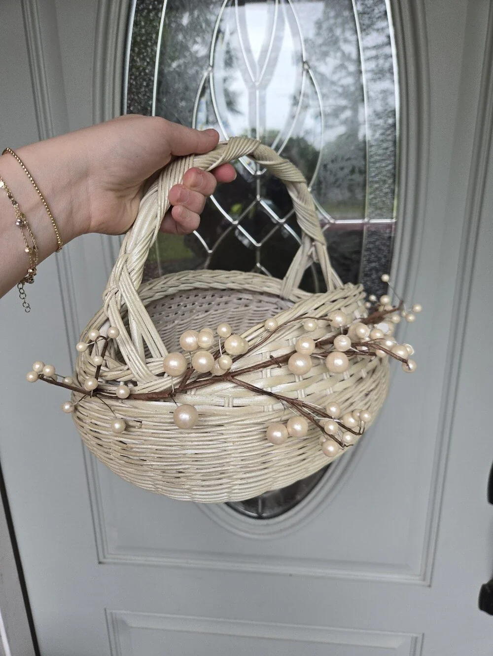 Cream Flower Girl Basket Faux Berry Vine